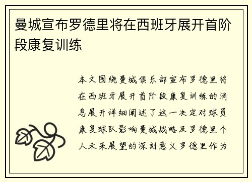 曼城宣布罗德里将在西班牙展开首阶段康复训练