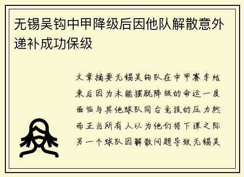 无锡吴钩中甲降级后因他队解散意外递补成功保级