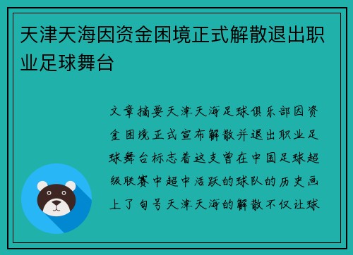 天津天海因资金困境正式解散退出职业足球舞台